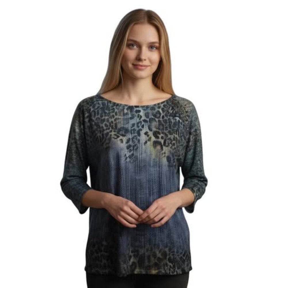 Chico’s Albany Crochet Studded Blue with Green‎ Brown Cheetah Tunic. Size L. EUC